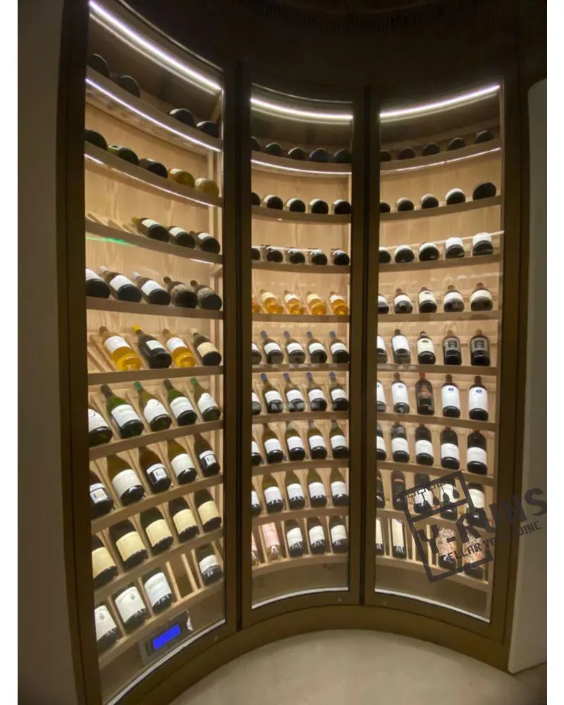Custom Curved bend design bar cabinet with wine fridge  Best Wine Cooler Cabinet Cooling Fan, Wall Mounted Wine Rack Included