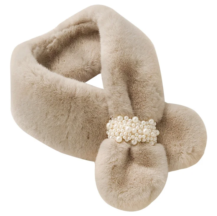 Fashion Winter Faux Rabbit Fur Collar Scarf Solid Color Thicker Warmer Pearl Buckle Cross Neck Scarf For Women
