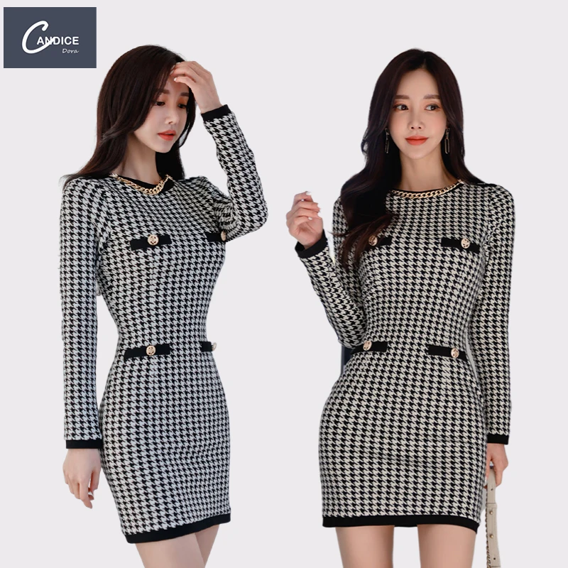 Candice fashion temperament chain korean style long sleeve mini houndstooth bodycon dress