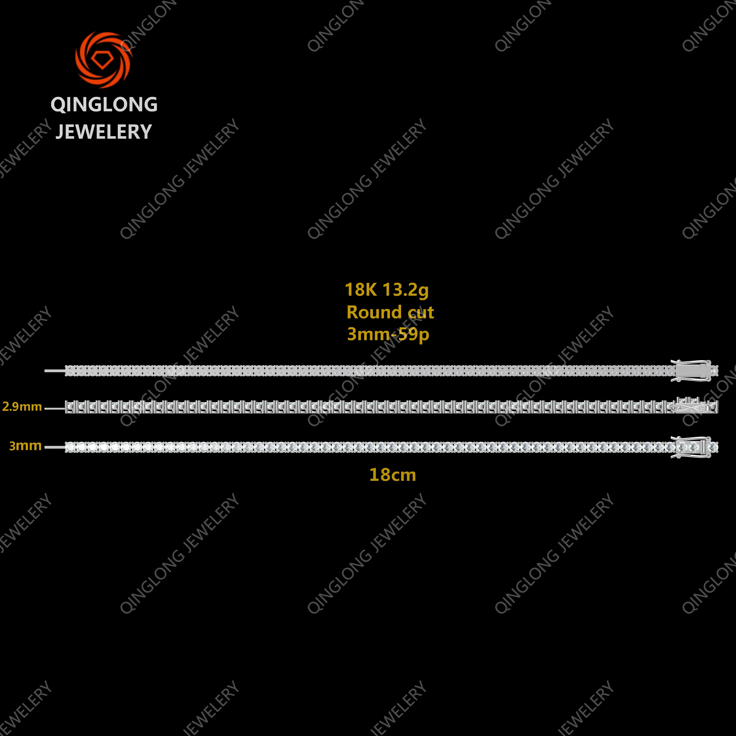 Qinglong Jewelry Tennis chain lab grown diamond Chain Jewelry 9k/14k/18k real gold Tennis bracelet with lab diamond CVD