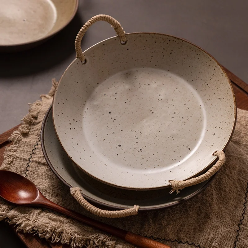 Japanese-Style Ceramic Tableware Braided Rope Double Ear Plate Carrying Plate Fruit Bowl Creative Retro Soup Plate
