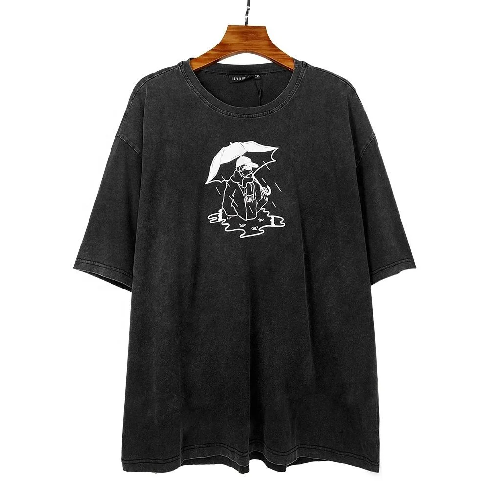 Washed plus size 240 gsm 100% cotton screen printing drop shoulder street wear black vintage t-shirts for men