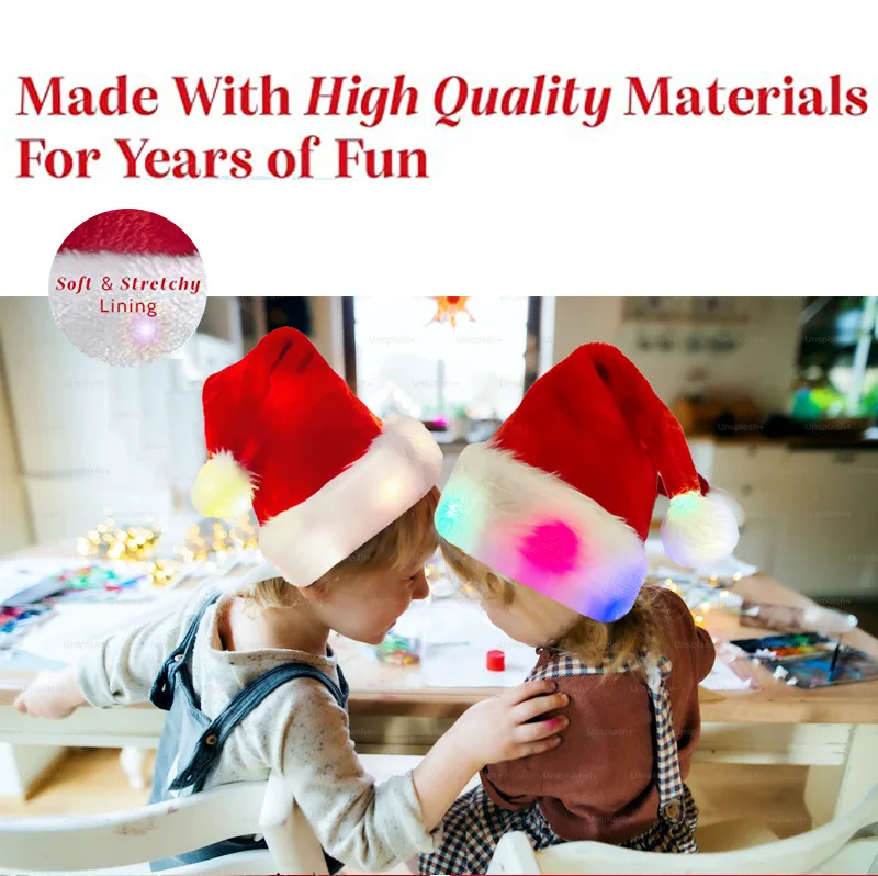 LED Light Up Xmas New Year Christmas Hat Festive Holiday Party Supplies Unisex Velvet Santa Hat for Adult Kids