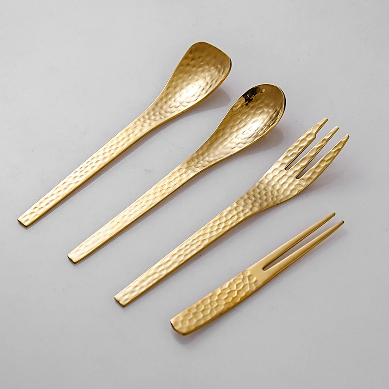 304 Stainless Steel Household Spoon Coffee Modern Simple Hammer Point Pattern Fruit Fork Cake Set Wholesale