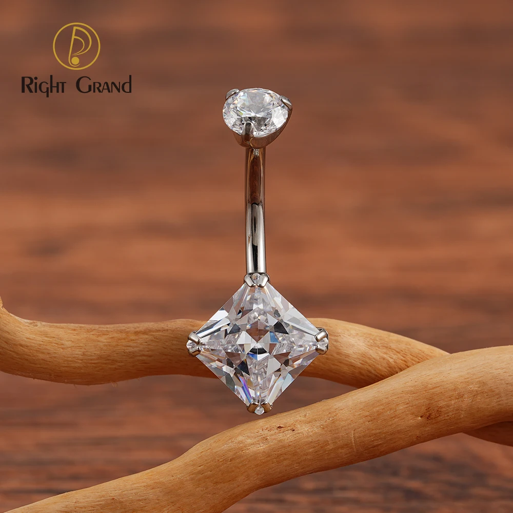 Right Grand ASTM F136 Titanium 14G Belly Button Ring Internally Threaded Navel Barbell Piercing with Square Cubic Zirconia