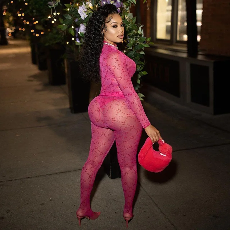 Women Mesh See Through Top and Long Pants 2 Piece Matching Sets Moon and Stars Print Night Club Sexy Party Outfits