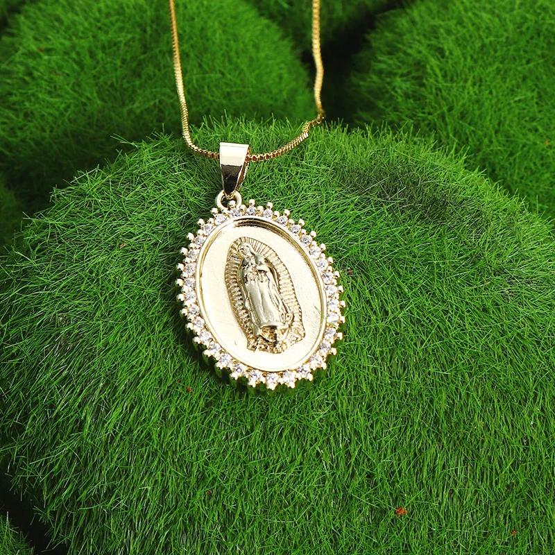 Real Gold Plated Rainbow CZ Oval Virgin Mary Pendant Necklace Trendy Gold Tone Religious Jesus Mary Necklace For Girls