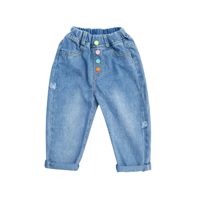 
Kids Faded Effect Elastic Waist Jeans Harem Pants with Ripped Details and Colours Button High Waist Full Length Midweight Casual 