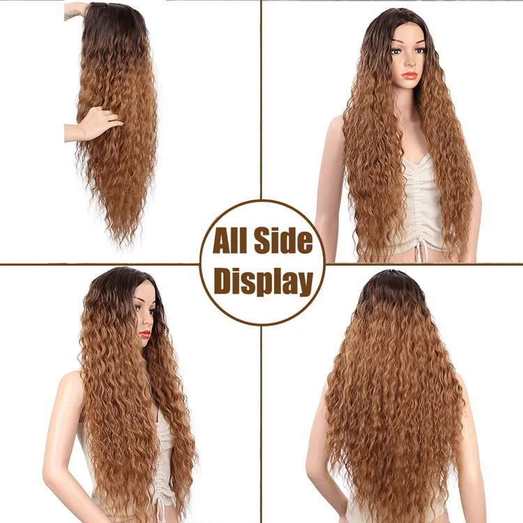 High Quality Hot Sale Cheap Nature Ombre Brown Long  Extension Wig Front Lace Kinky Curly Wave Synthetic Hair Wigs  Braiding