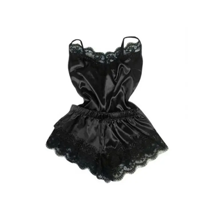 S9034 Hot Woman Sleepwear Spaghetti Strap Satin Silk Two Piece Nightwear Chemise Femme Cami Short Lace Pajamas Set