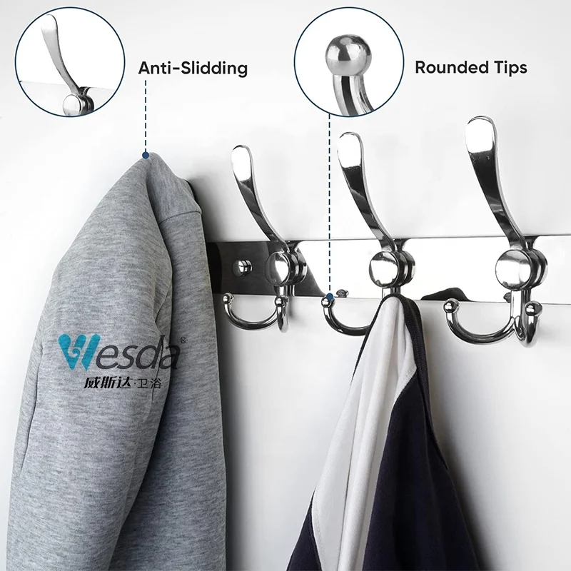 Top Brand Caitang Wesda Bathroom Bedroom Five Heavy Duty Tri Hooks Clothes Hanger Hooks Wall Mounted Coat Rack