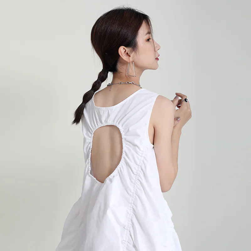 Модное платье без рукавов с дырками на спине для девочек 2021 Летняя короткая и длинная Асимметричная плиссированная длинная юбка 2089