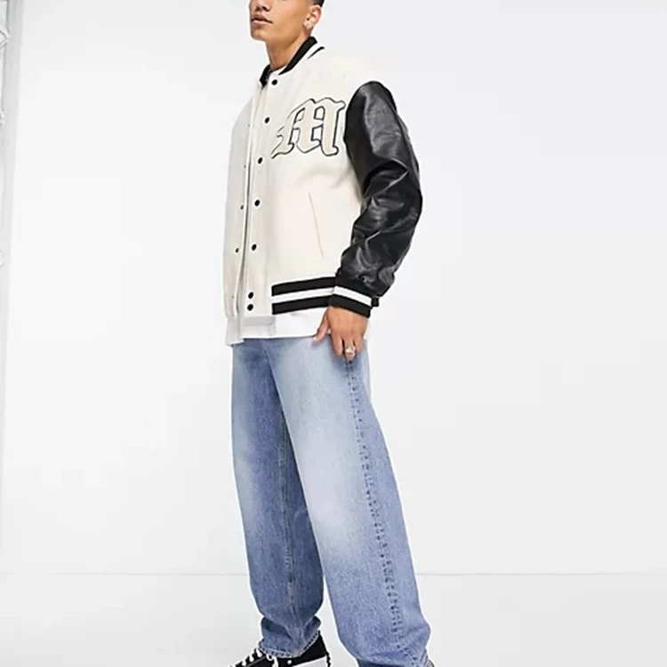 OEM supplier winter custom bomber jacket leather sleeve chenille embroidery flight baseball vintage letterman varsity jacket