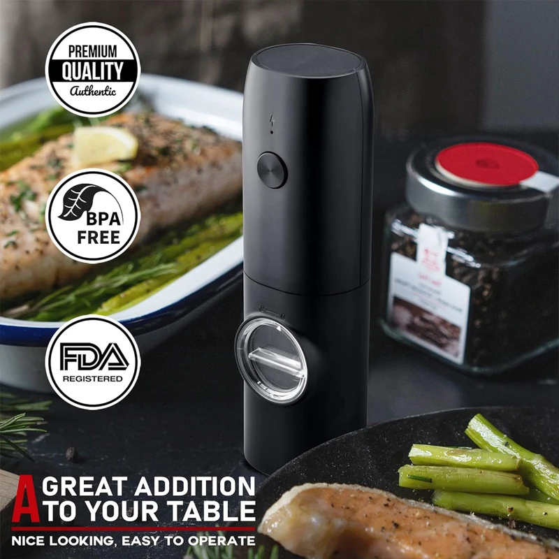 2 Pcs Electric Salt and Pepper Grinder Set Rechargeable Spice Pepper Mill Black Adjustable Automatic Salt and Pepper Grinder