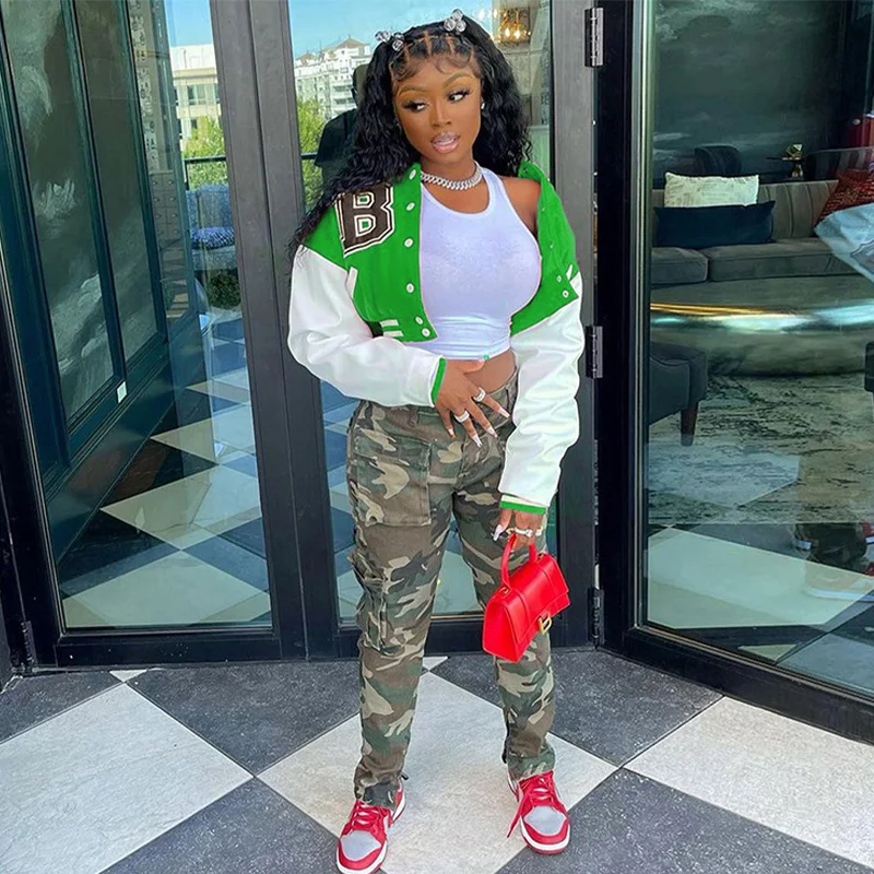 Autumn Fashion Elegant Sportswear Colorblock Single Breasted Aviator Ladies Letterman Baseball Jacket