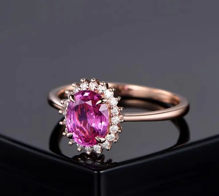 0.9 carat  pink color Sapphire ring 14K gold with CVD diamond support customized women ring
