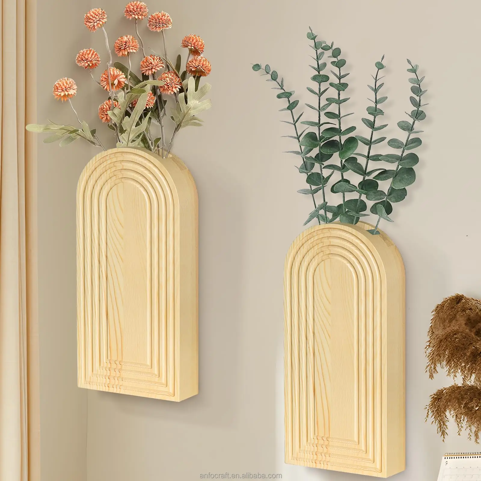 Wood Wall Planter Vase with Artificial Plants Indoor Plants Holder Pocket Farmhouse Wooden Vases Wall Flower Vase Hanging Plant