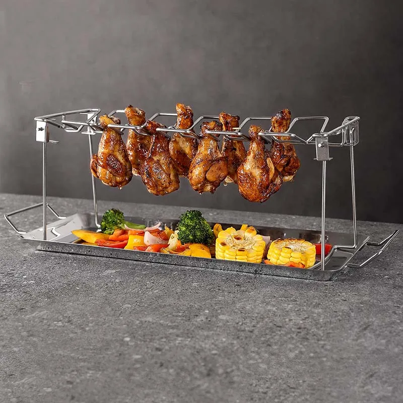14 Slots Foldable BBQ Chicken Drumsticks Rack Stainless Steel Roaster Stand with Drip Pan Chicken Leg Barbecue Grill Rack