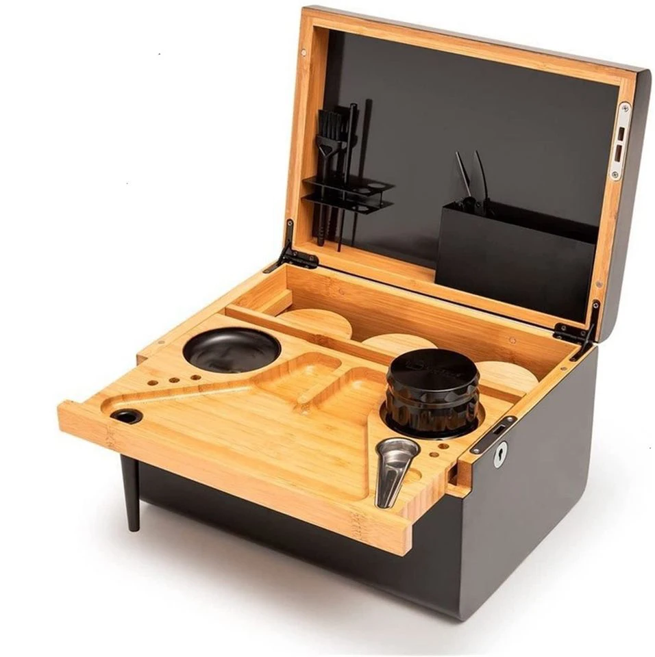 Custom Combo Kit Extra Large Stash Wooden Storage Box With Rolling Tray Black Accessories