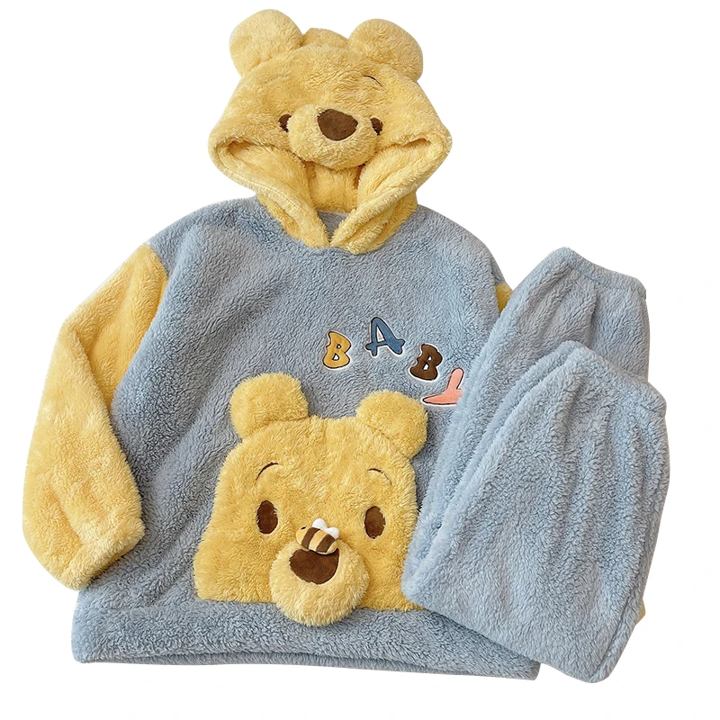 New flannel 2pcs pajamas for women cute cartoon hooded pijamas polar leisure winter sleepwear sets