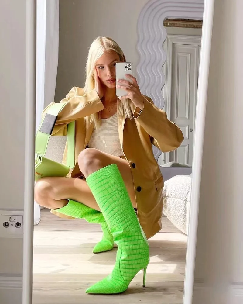 J&H 2023 new trendy boots korean candy color Crocodile grain pointed toe knee high big size Stiletto heeled shoes for ladies