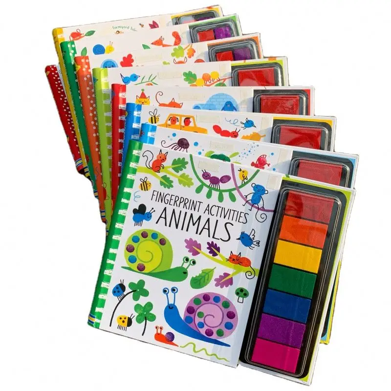 Kids Early Education Toys English water Coloring Finger Painting Books with Rubber Stamps Ink Pad Kids Activities Doodling Book