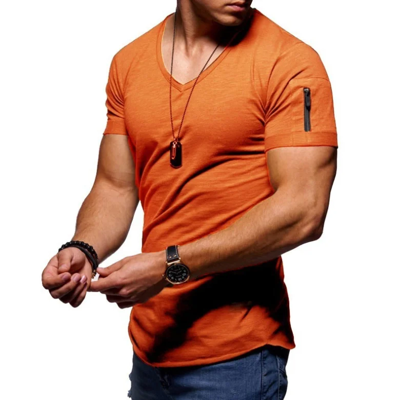 Модная приталенная рубашка с V-образным вырезом, хлопковая Повседневная футболка, мужская Спортивная толстовка с коротким рукавом
