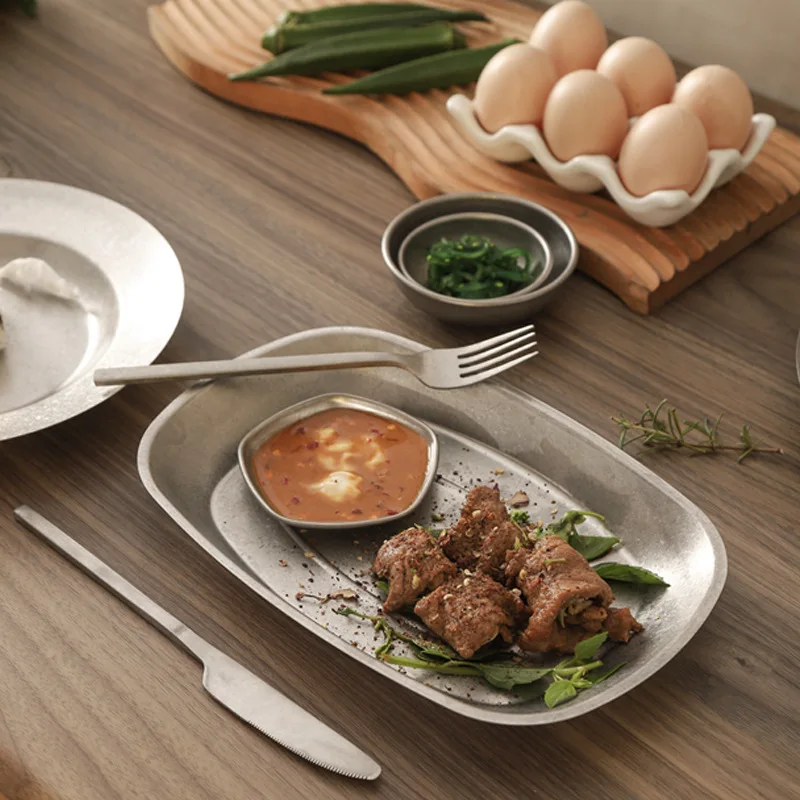 LIHONG Stainless Steel Retro Snowflake Gray Tableware Knife/Fork/Spoon/Bowl/Saucer/Plate/Bone Dish/Cup