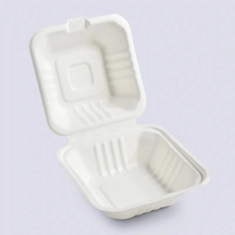 Biodegradable Eco Friendly Hinged lid containers Sugarcane Bagasse Disposable 8' 3-Com Clamshell