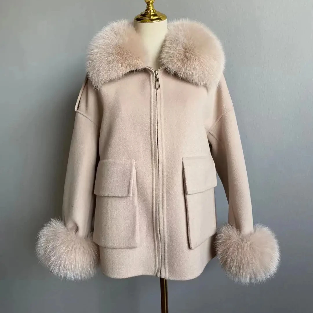 QIUCHEN  QC21010 women fashion wool coat cashmere coats winter real fox fur collar natural fur cuffs wool jacket