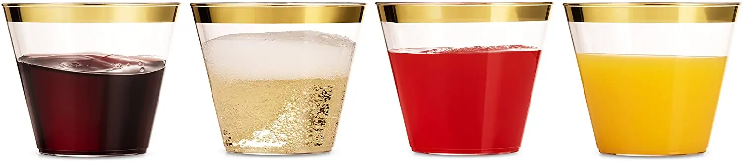 Factory supply Fancy Gold Rim 9 10 12  14 16 oz Clear Rose Rimmed PS Disposable Plastic Cups for Wedding Party