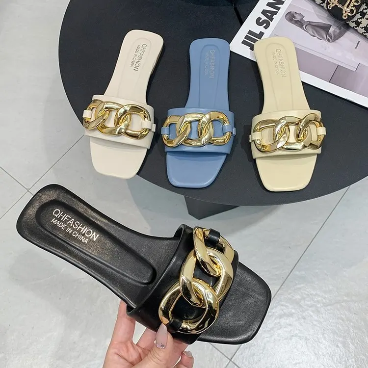 Chain Decoration Luxury Fashion Flat Slipper Summer Casual Outdoor Sandalias Women Ladies Flat Sandals For Women