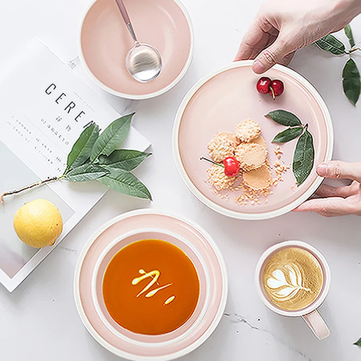 Wholesale Plain Pink Custom  Ceramic Dinnerware Set, Used Restaurant Ceramic Dinnerware Set#