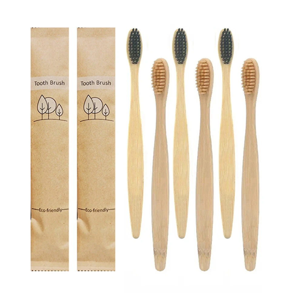Зубная щетка из бамбука с мягкой деревянной щетиной, одобренная CE, бесплатный образец, биоразлагаемая бамбуковая зубная щетка для отеля с древесным углем