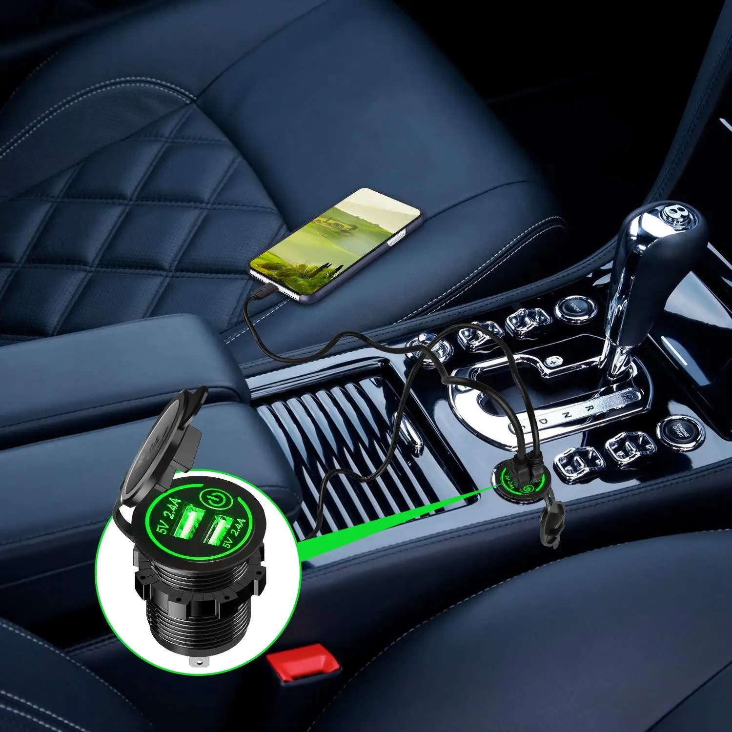 Factory direct sale QC3.0 Waterproof Quick Charge USB Dual Port Touch Screen Switch with Voltmeter Car Socket Adapter