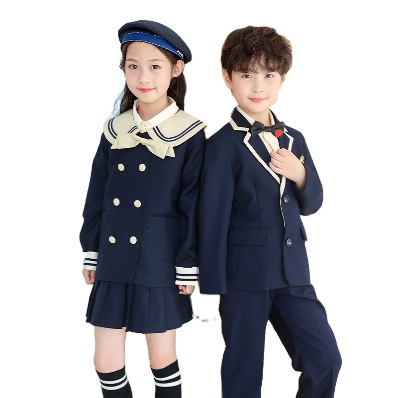 OEM British preppy style kids clothing uniform blazer navy children school suit formal boy and girl student apparel