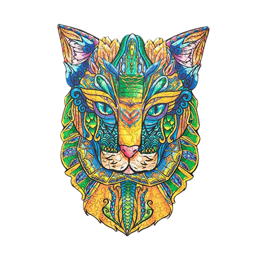 Wholesale High Quality Lion Natural Wooden Jigsaw Puzzle Animal Shaped Toys Puzzle Game  For Adults