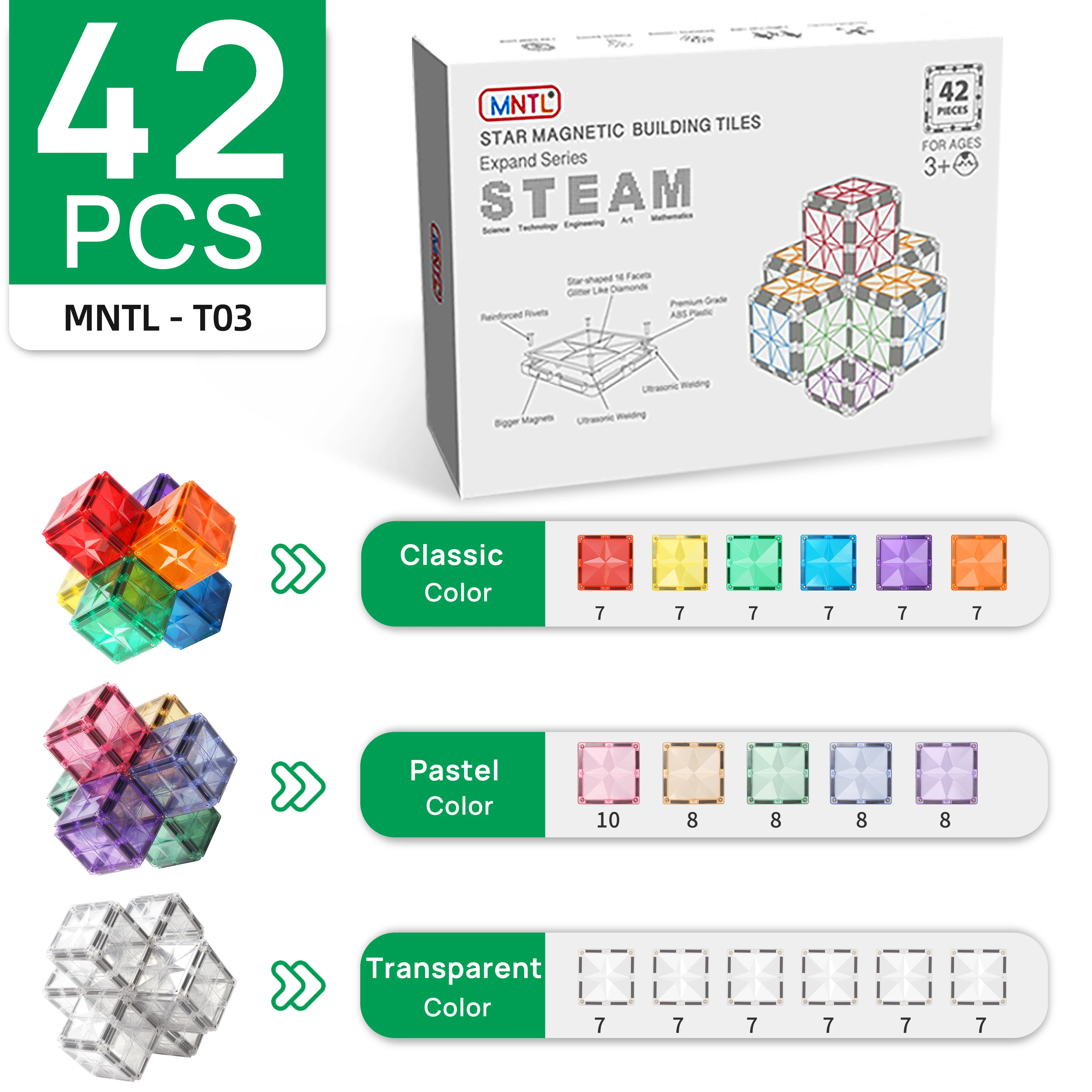 Mntl 56pcs Non-toxic Magnetic Tiles Diy Kid Building Blocks Toys for Preschoolers