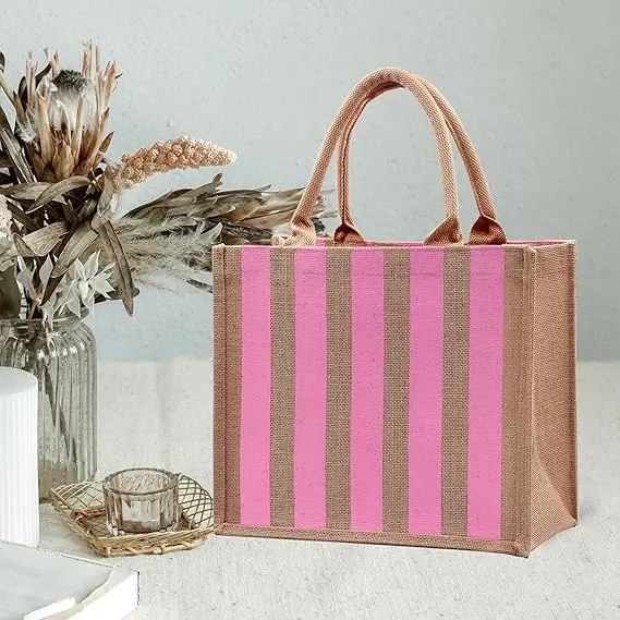 Stylish shopping bridesmaid Flower small tote High quality Custom printed logo Wholesale sales pink stripe print jute bags