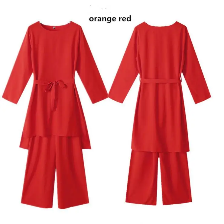 Women Spring indonesia Muslim clothing Casual belted ethnic Top Long Robe with Pant Two Piece Elegant Outfit Set