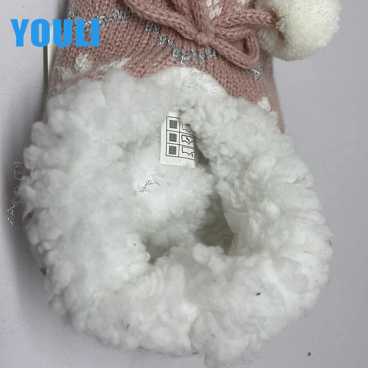 Зимние женские толстые домашние туфли, бархатные плюшевые кашемировые Рождественские снежинки, домашние тапочки с люрексом и бантом, теплые носки для пола