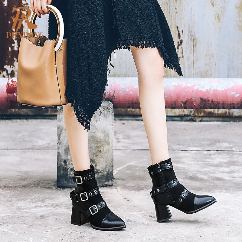 Boots Motorcycle Punk Boots Side Zipper Metal Buckle Platform PU Leather Women Ankle Boots 2021 Fall Winter High Heels Shoes 45