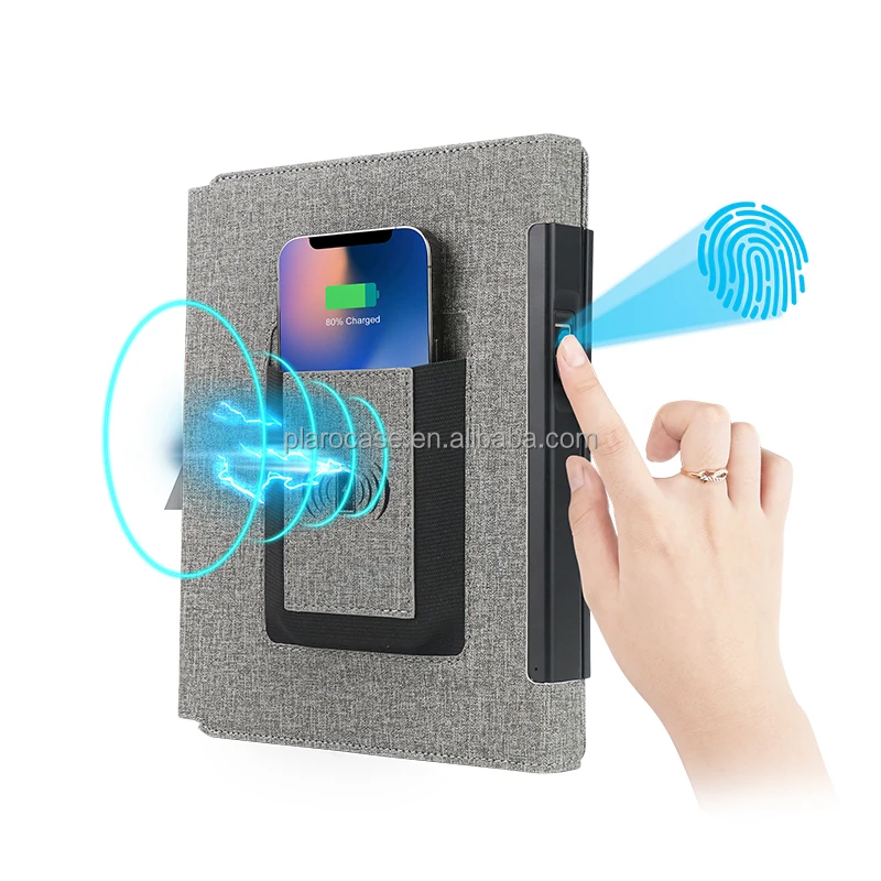 15W Wireless Charging Fingerprint Lock Notebook with Power Bank