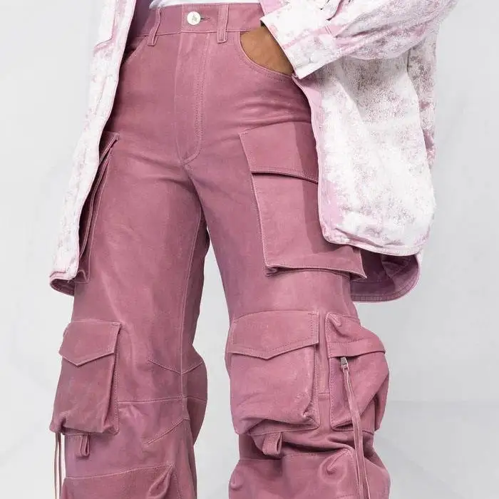 Women High Waist Multi Utility Pockets Straight Leg Cargo Pants Punk Style Faux Leather Stacked Trousers Plus Size Pants