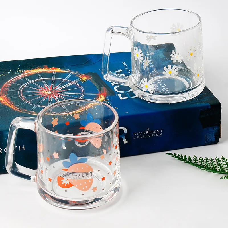 330ml Creative Glass Ins Cute Little Daisy Tulip Strawberry Prints Breakfast Glass Cup Household Water Cup Mug
