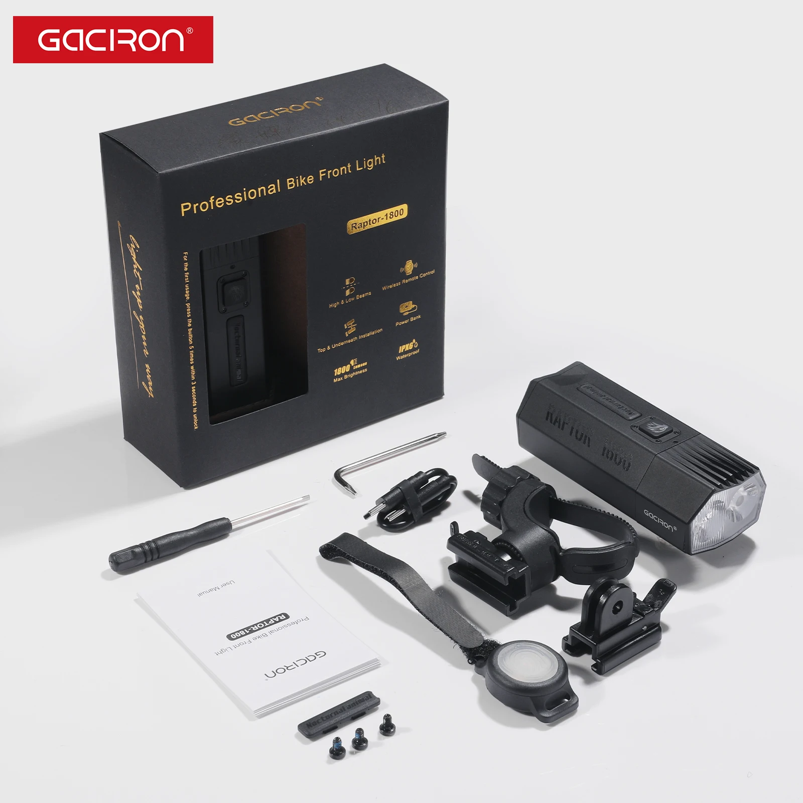 Gaciron Raptor-1800 Lumen Power Bank MTB Off-Road LED Bike Frame Lamp Waterproof Cycling Light Led Bicycle Bike Front Light