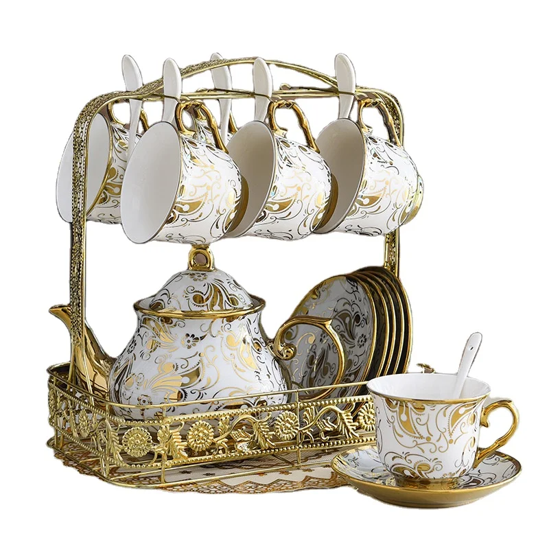 High Quality Arabia Golden Color Ceramic Coffee Cup and Saucer   Turkish Ethiopian 12pcs Tea Set