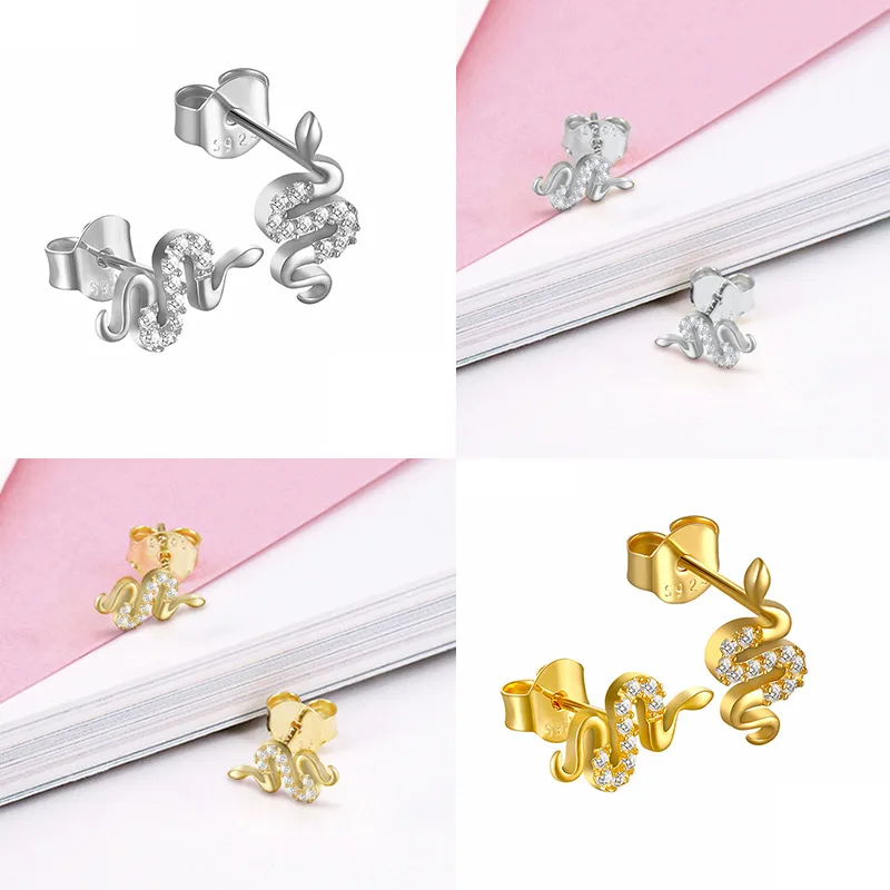 European Style Interest 925 Sterling Silver Snake Stud Earring 18k Gold Plated CZ Inlaid Women Earrings Jewelry