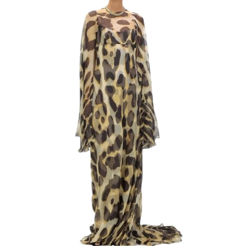 2024 new 2020 Fashion custom Layered Leopard-print Boubou Silk Cape Gown Women Ladies Casual Long maxi Dress