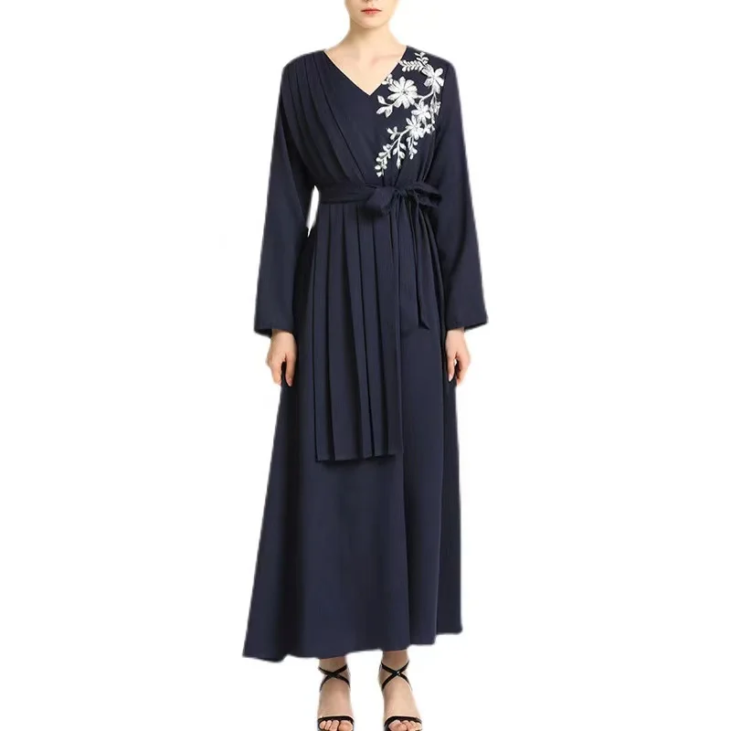 Classic V Neck Dark Blue Modern Fashion High Quality Flower Embroidered Lace Pleated Long Dress with Belt For Muslim Woman